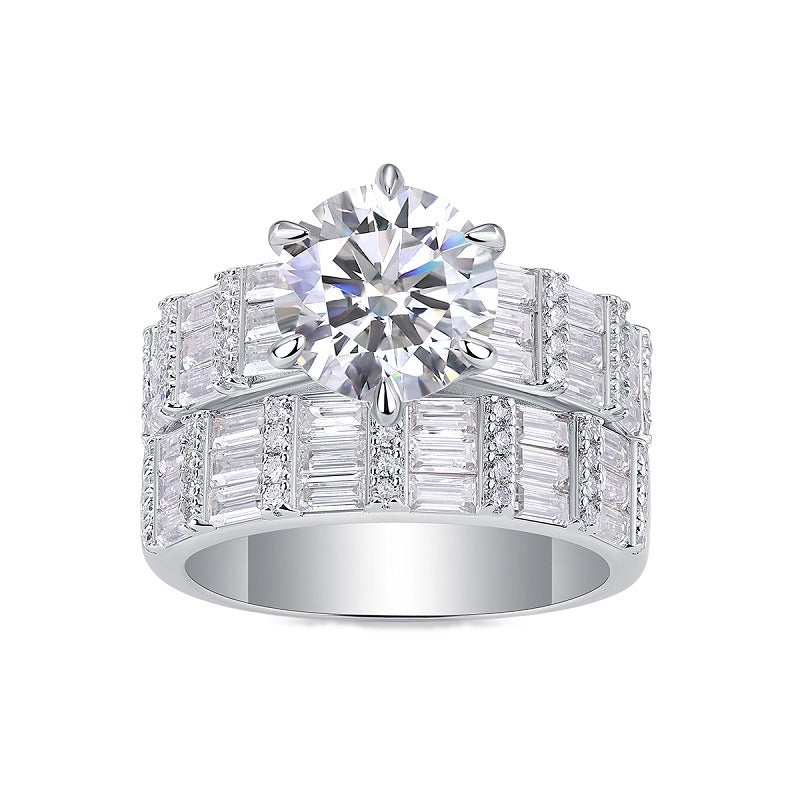 Round Moissanite Solitaire on Wide Baguette Band in 925 Silver