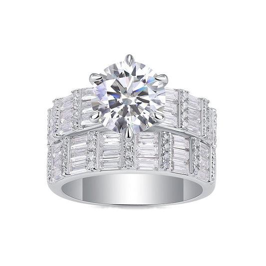 Round Moissanite Solitaire on Wide Baguette Band in 925 Silver