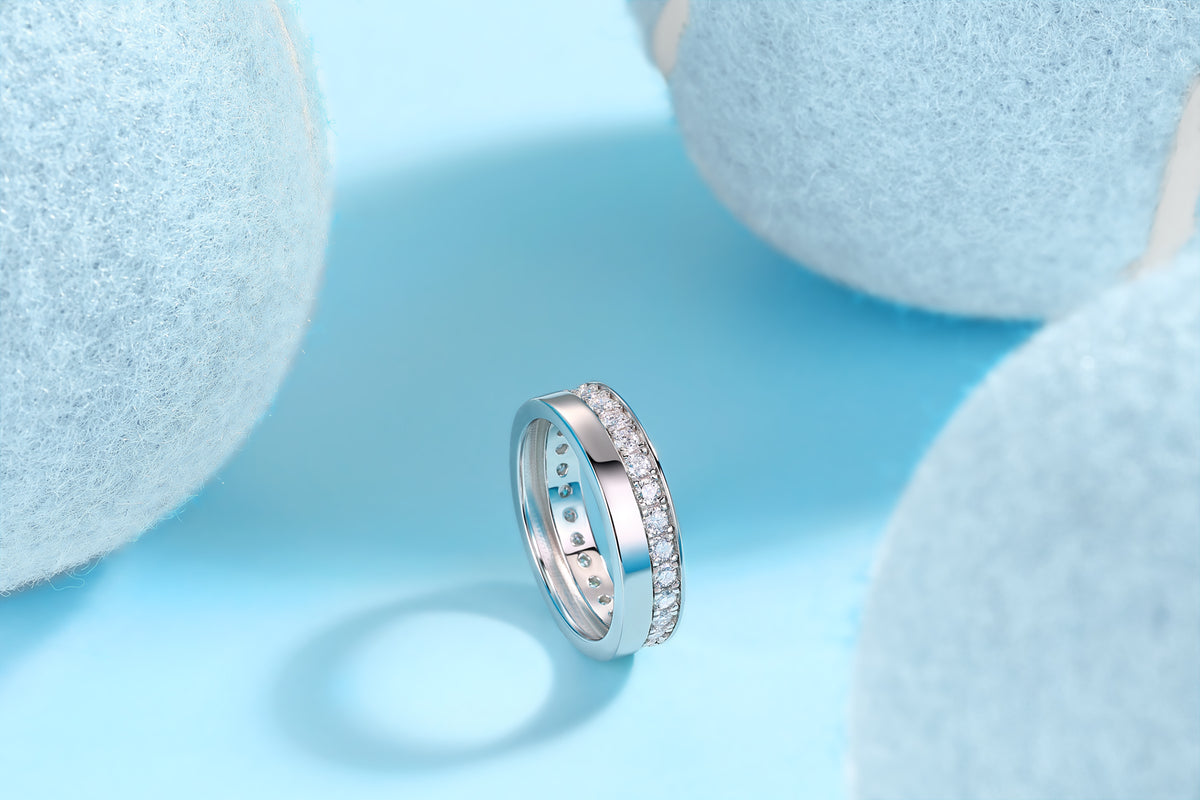 Moissanite Offset Double Band Ring with Pave Row in 925 Silver