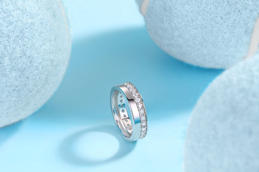 Moissanite Offset Double Band Ring with Pave Row in 925 Silver