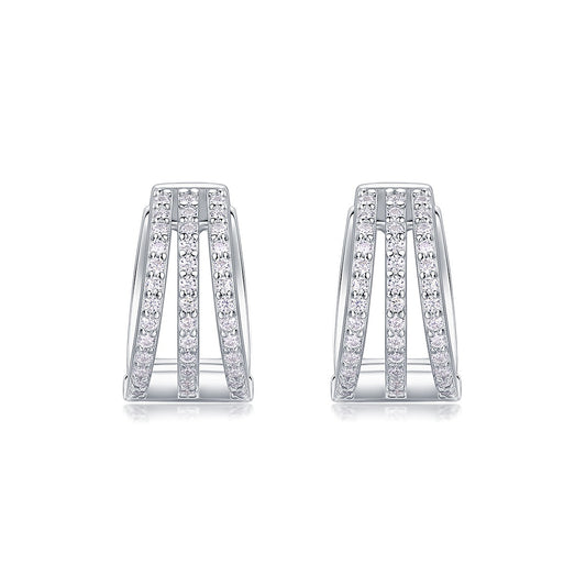 Three-Row Pave Moissanite Huggie Hoop Earrings in 925 Sterling Silver