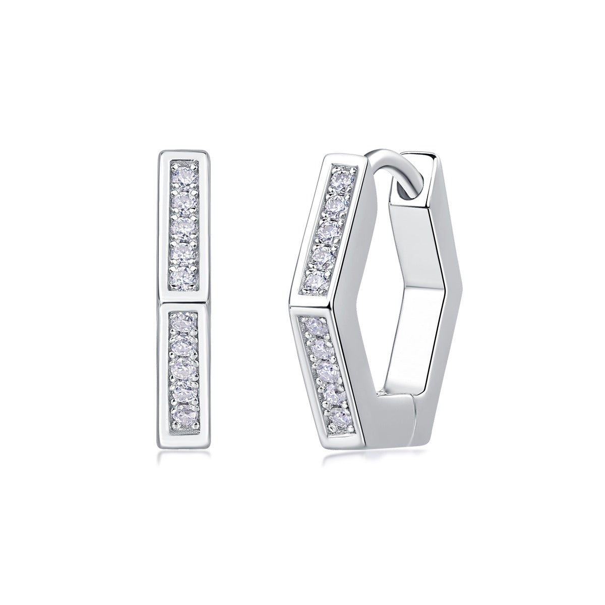 Moissanite Pave Hexagon Huggie Hoop Earrings in 925 Sterling Silver