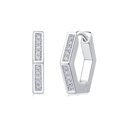 Moissanite Pave Hexagon Huggie Hoop Earrings in 925 Sterling Silver