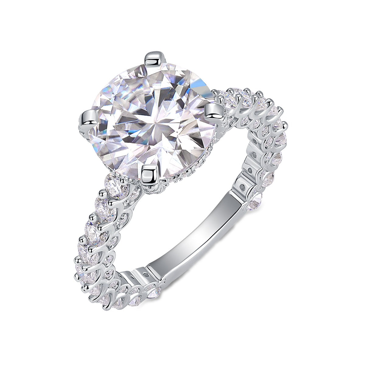 Round Moissanite Four-Prong Solitaire with Pave Band in 925 Silver