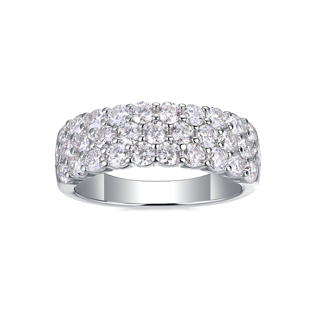 Wide Moissanite Three-Row Shared-Prong Band in 925 Sterling Silver