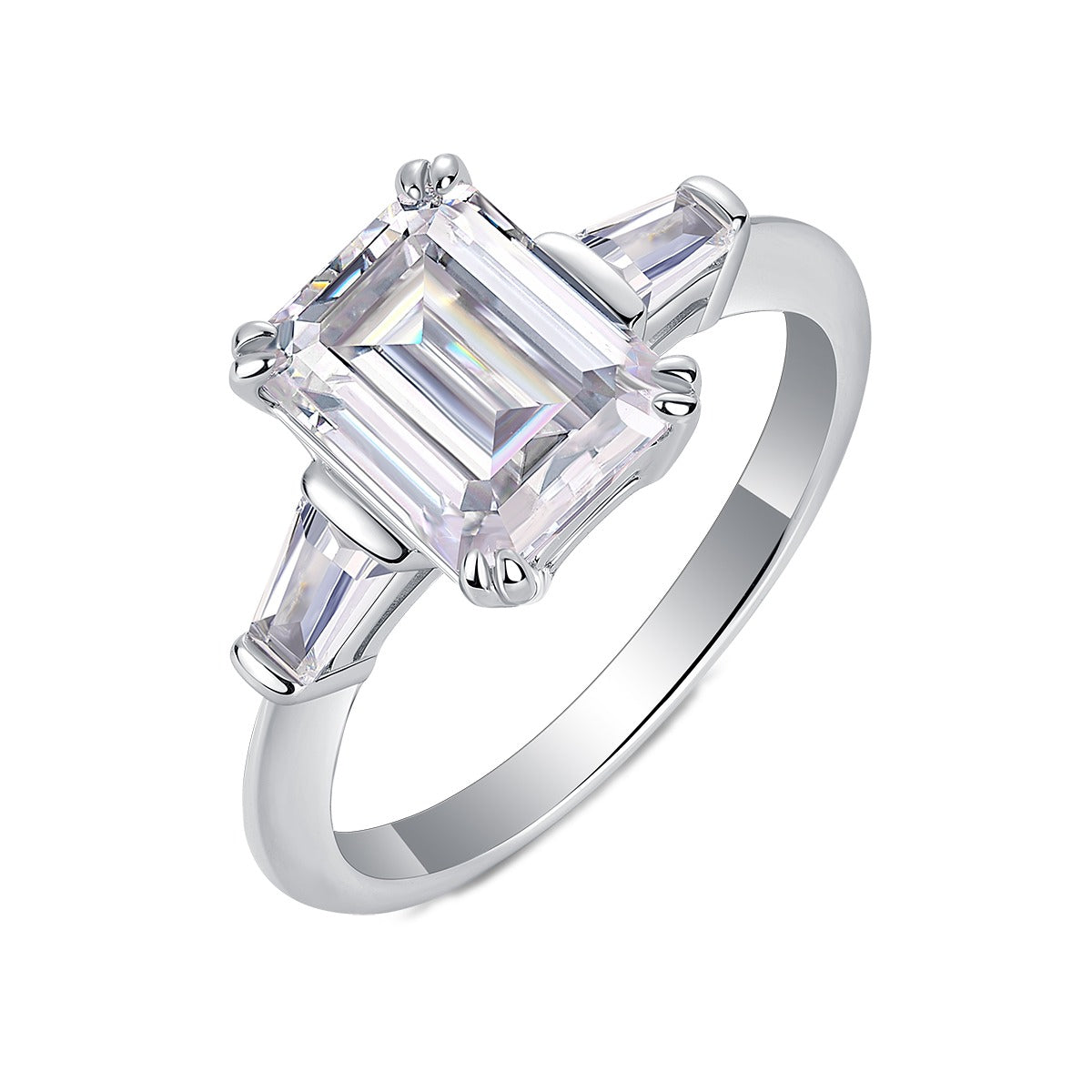 Emerald-Cut Moissanite Ring with Tapered Baguettes in 925 Silver