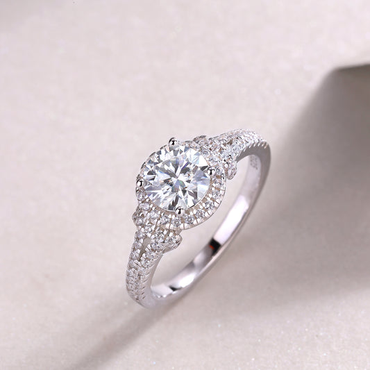 Round Moissanite Halo Ring with Split Pave Shank in 925 Silver