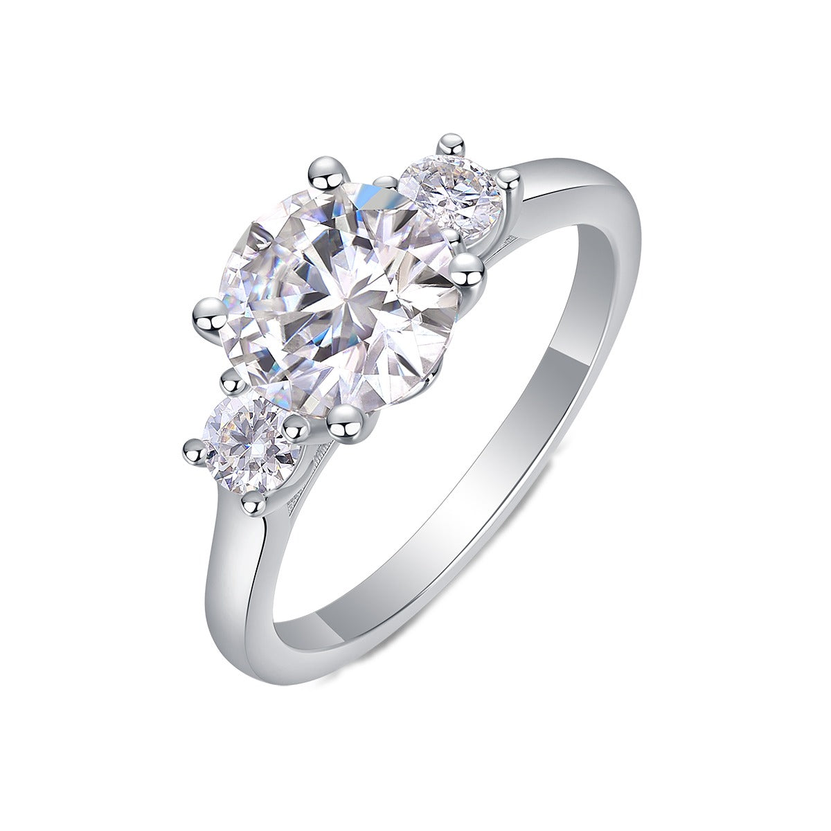 Round Moissanite Three-Stone Engagement Ring in 925 Sterling Silver