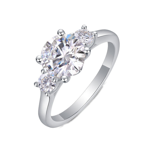 Round Moissanite Three-Stone Engagement Ring in 925 Sterling Silver
