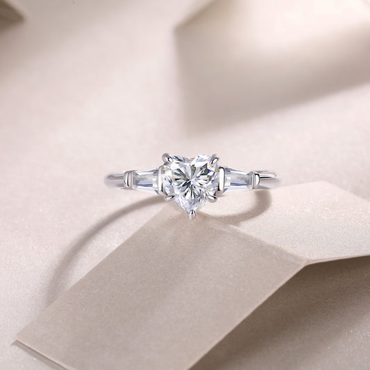 Heart Moissanite Ring with Tapered Baguette Side Stones in 925 Silver