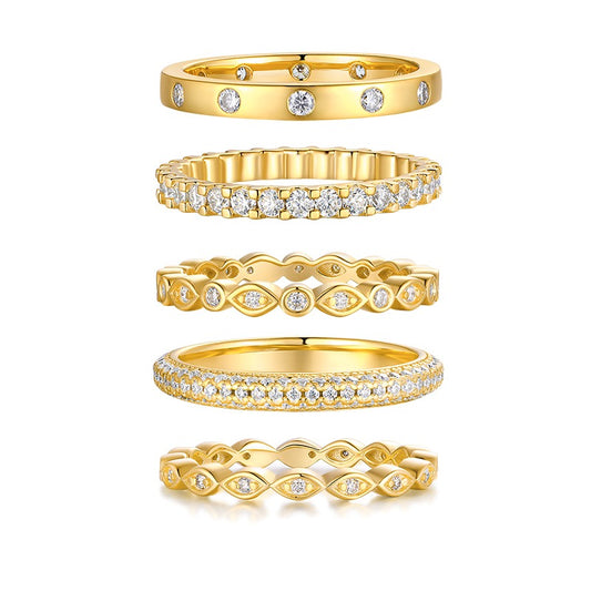 Moissanite Five-Band Eternity and Station Ring Set in Gold-Plated 925 Silver