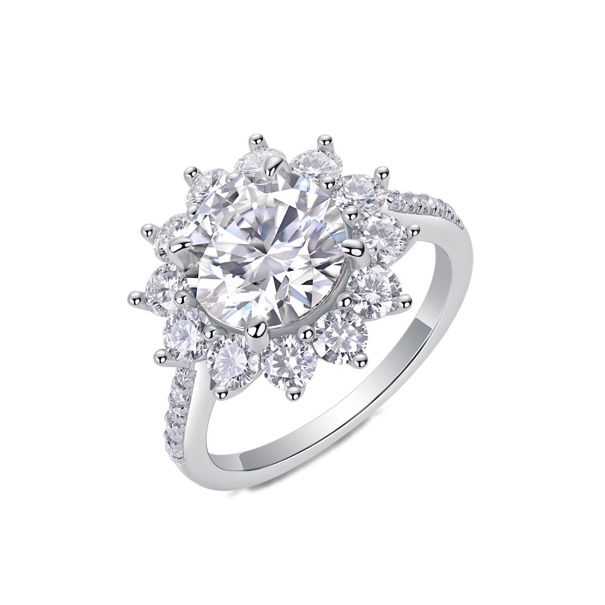 Round Moissanite Sunflower Halo Ring with Pear Petals in 925 Silver