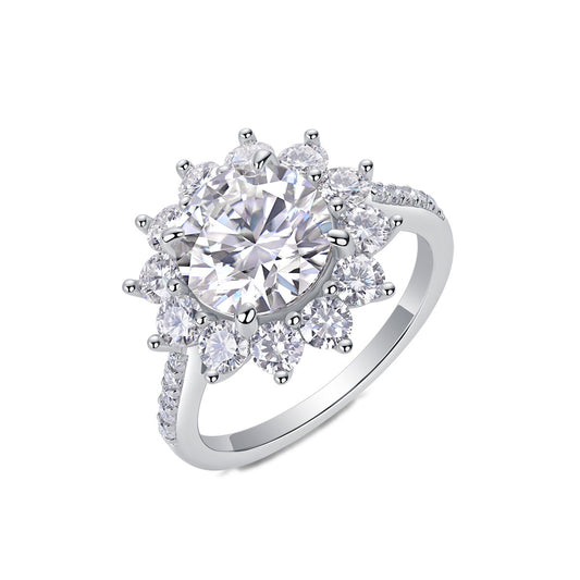 Round Moissanite Sunflower Halo Ring with Pear Petals in 925 Silver