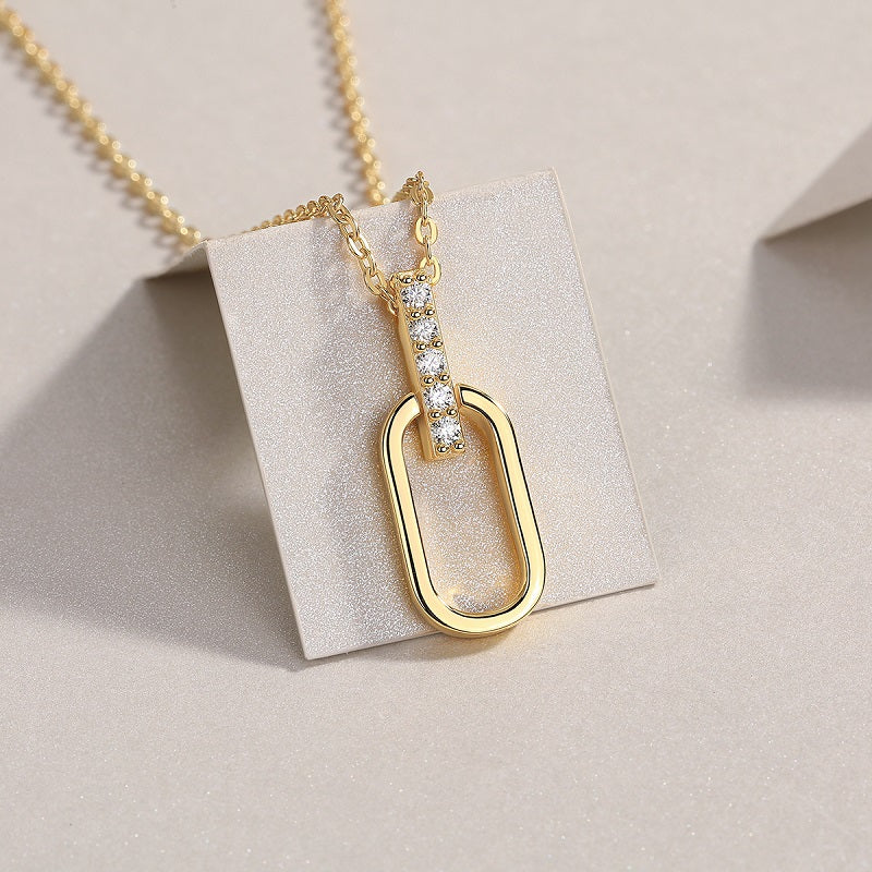 Moissanite Pave Bail Paperclip Link Pendant in Gold-Plated 925 Silver