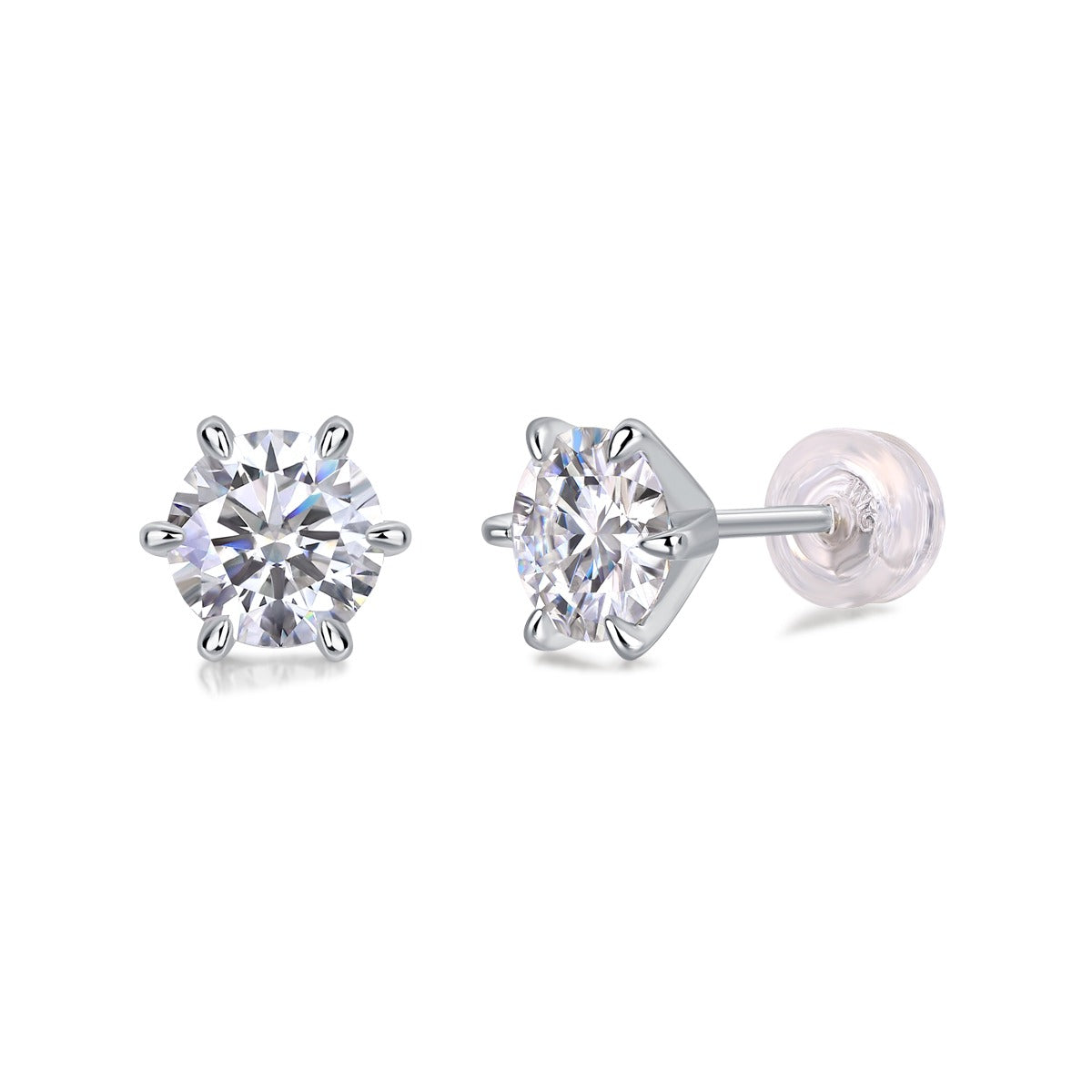 Classic Six-Prong Round Moissanite Stud Earrings in 925 Sterling Silver