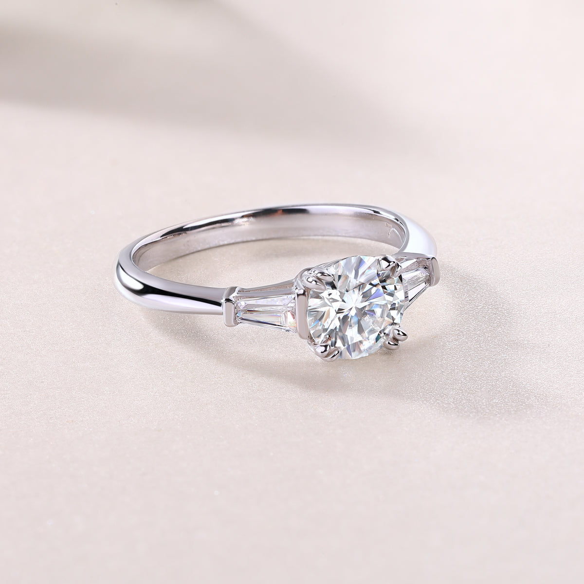 Round Moissanite Ring with Tapered Baguettes in 925 Sterling Silver