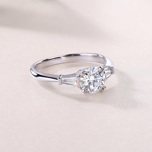 Round Moissanite Ring with Tapered Baguettes in 925 Sterling Silver