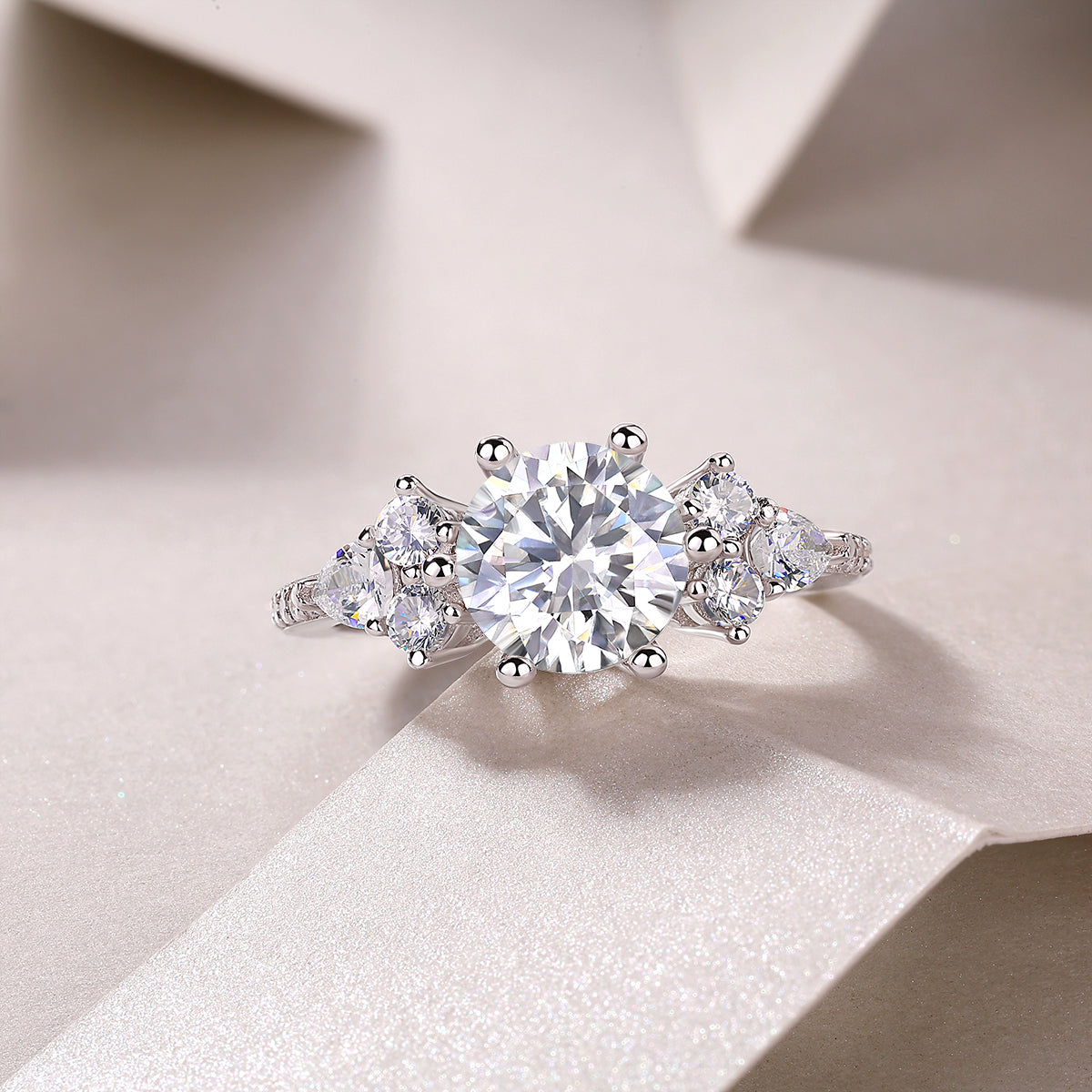 Round Moissanite Engagement Ring with Cluster Shoulders in 925 Silver