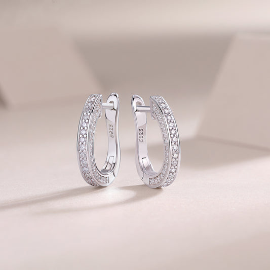 Moissanite Pave Hinged Oval Huggie Earrings in 925 Sterling Silver