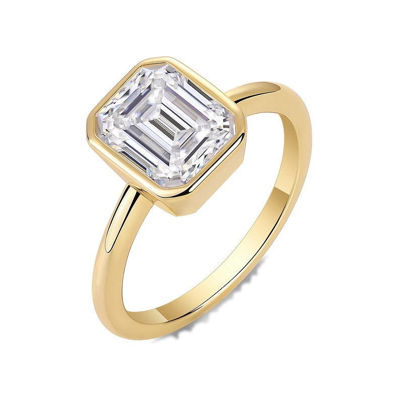 Emerald-Cut Moissanite Bezel Solitaire Ring in Gold-Plated 925 Silver