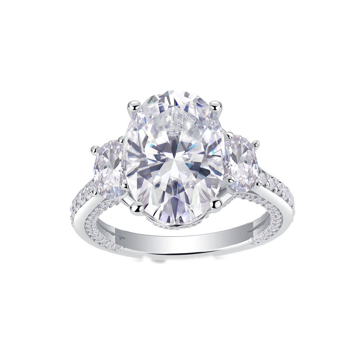 Oval Moissanite Three-Stone Ring with Half-Moon Sides in 925 Silver