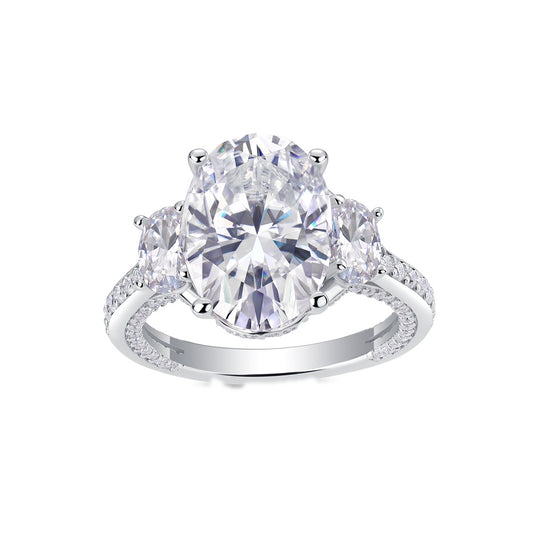 Oval Moissanite Three-Stone Ring with Half-Moon Sides in 925 Silver