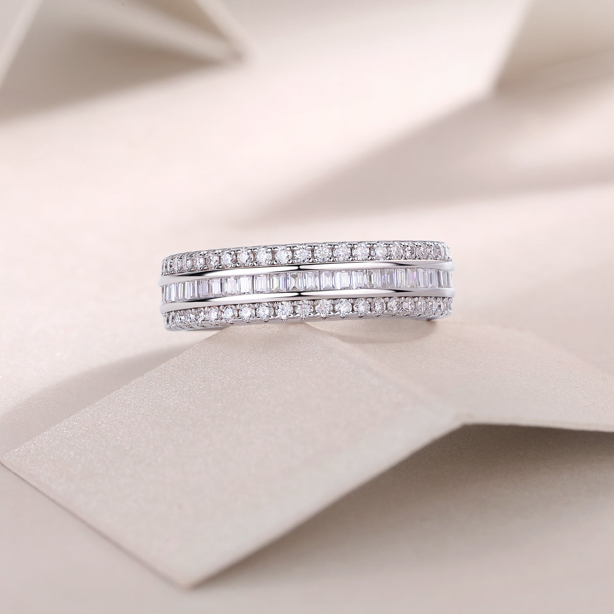 Baguette and Round Moissanite Three-Row Eternity Band in 925 Silver