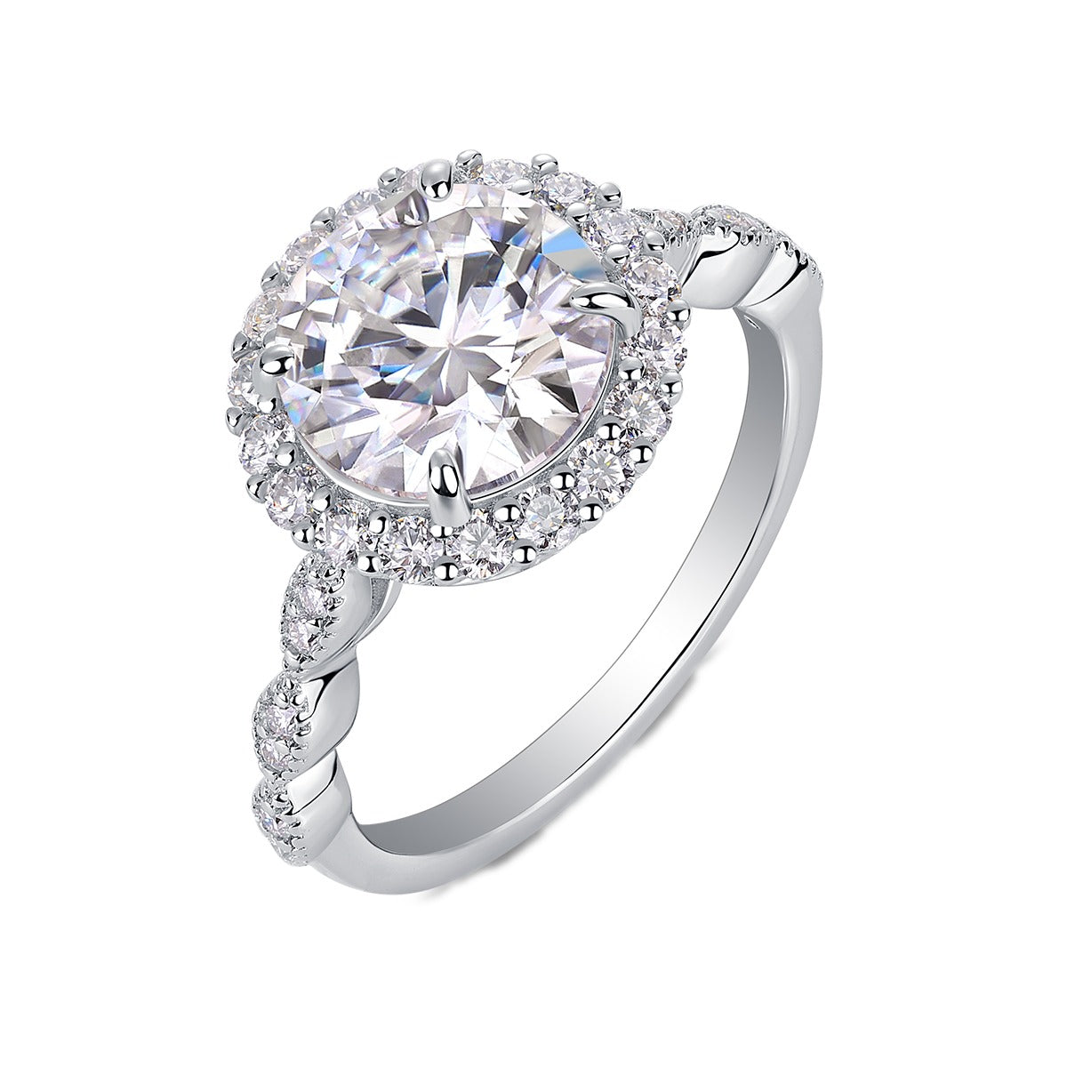 Round Moissanite Halo Ring with Twisted Pave Band in 925 Silver