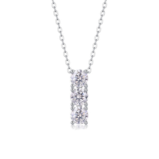 Three-Stone Round Moissanite Bar Pendant Necklace in 925 Sterling Silver