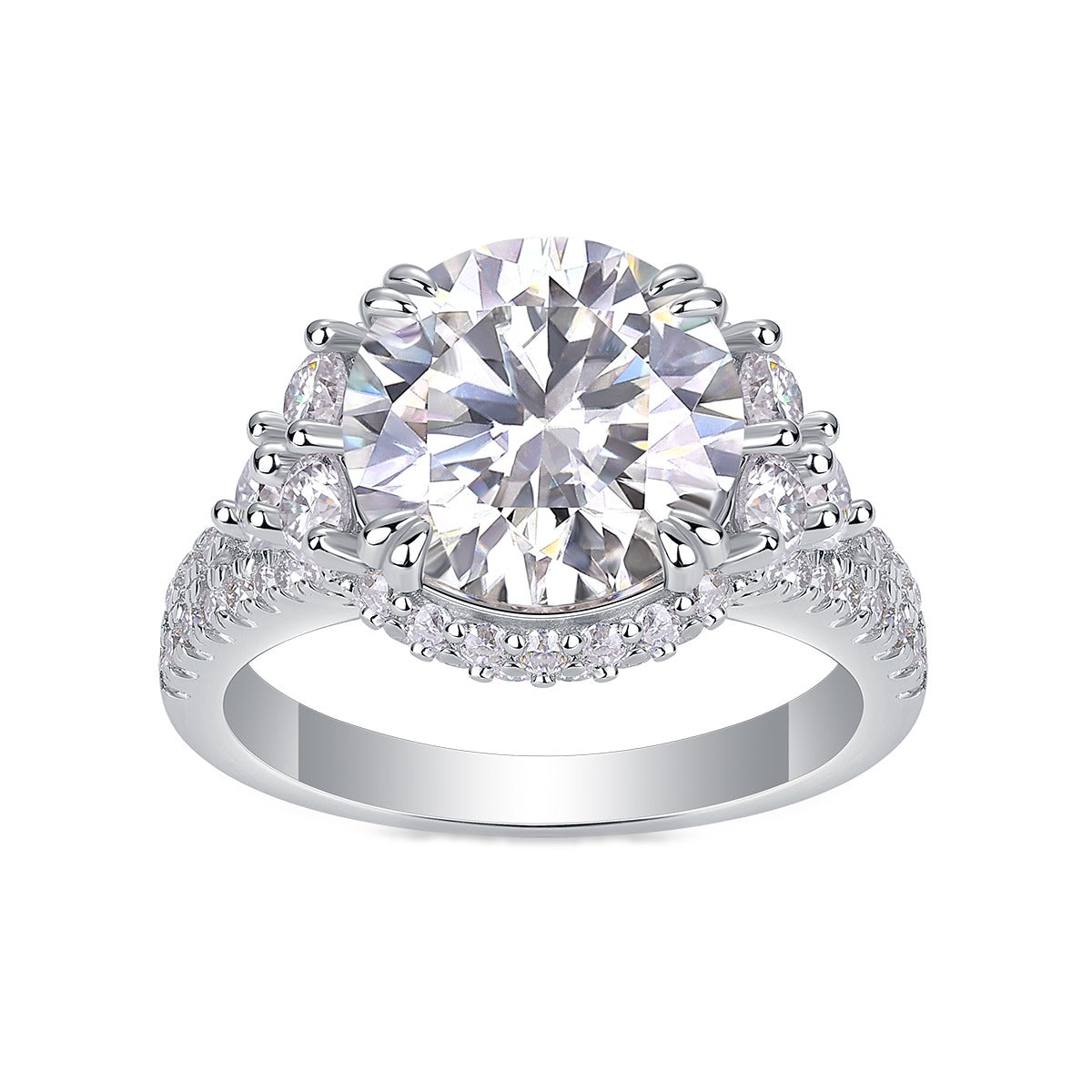 Round Moissanite Statement Ring with Side Stones and Pave Band in 925 Silver