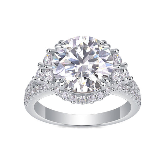 Round Moissanite Statement Ring with Side Stones and Pave Band in 925 Silver
