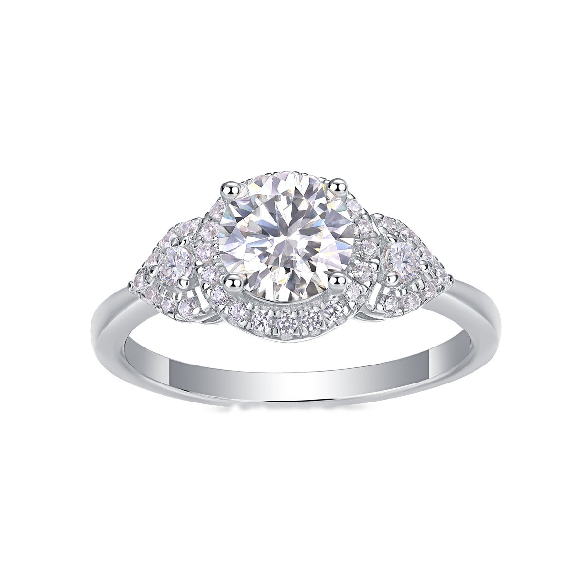 Round Moissanite Halo Ring with Pear Pave Accents in 925 Silver