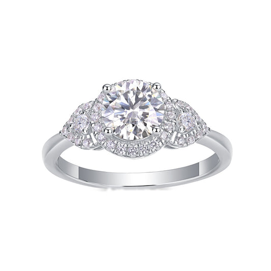 Round Moissanite Halo Ring with Pear Pave Accents in 925 Silver