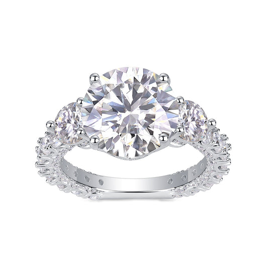 Round Moissanite Three-Stone Ring with Pave Band in 925 Silver