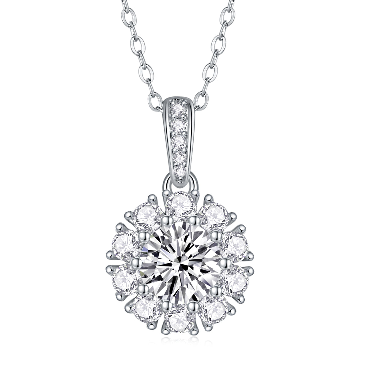 Round Moissanite Cluster Halo Pendant Necklace in 925 Sterling Silver