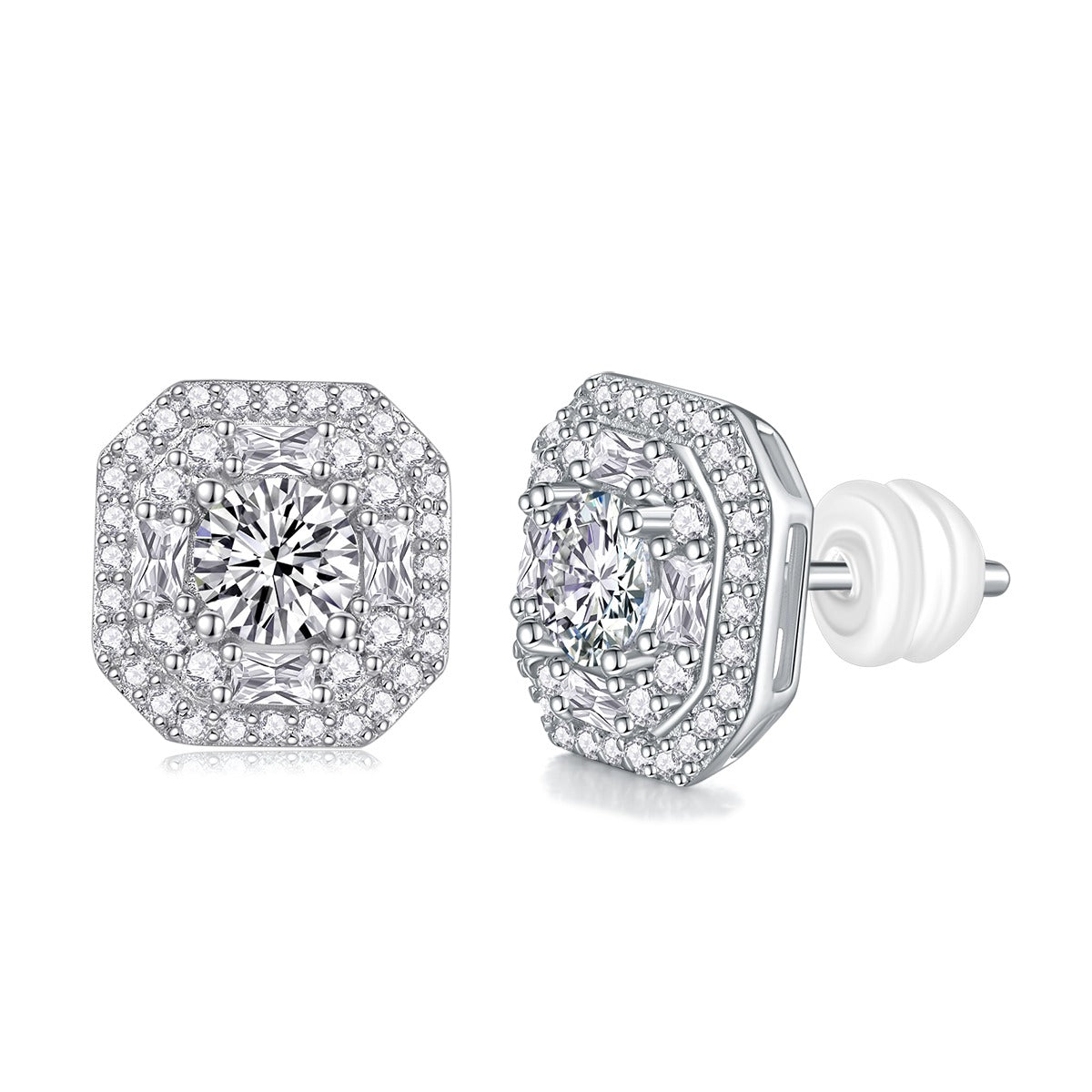 Round Moissanite Octagonal Double-Halo Stud Earrings in 925 Silver