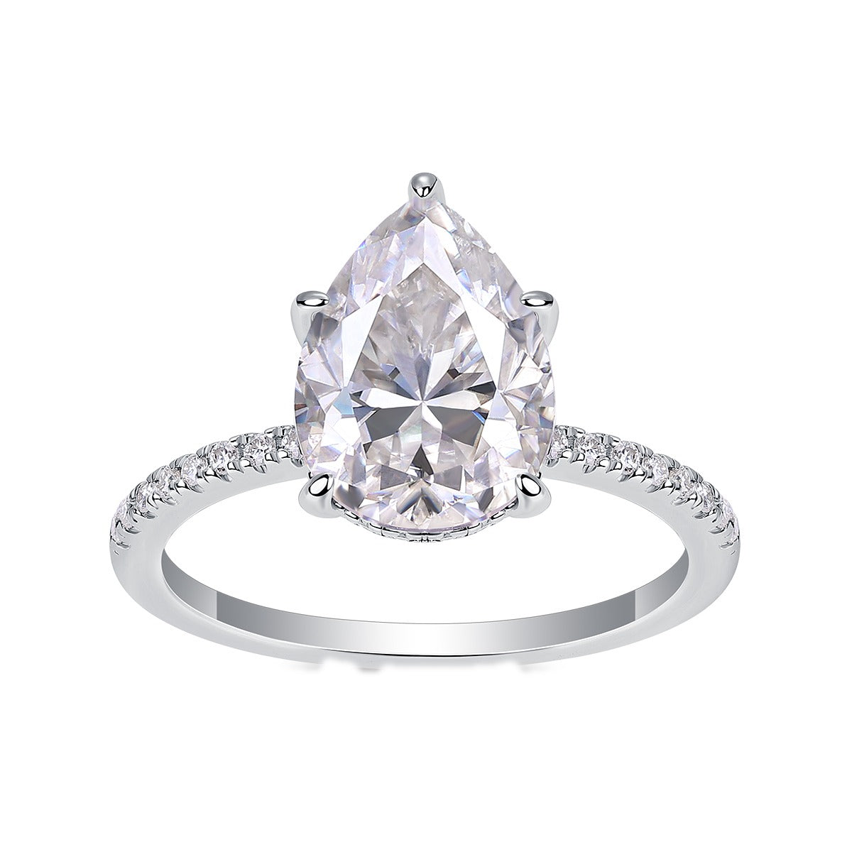 Pear Moissanite Hidden-Halo Solitaire Ring in 925 Sterling Silver