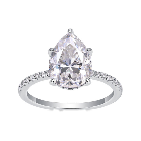 Pear Moissanite Hidden-Halo Solitaire Ring in 925 Sterling Silver