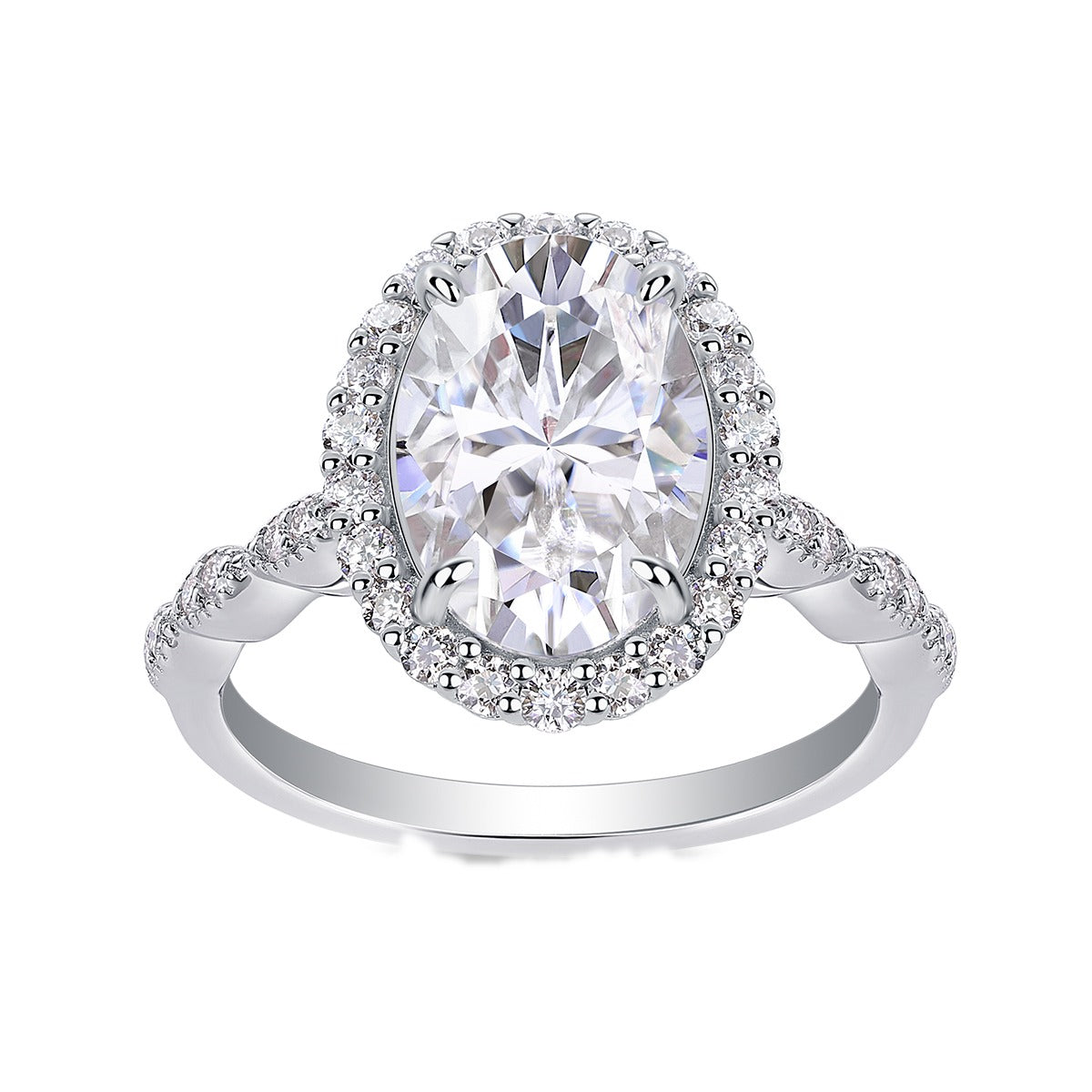 Oval Moissanite Halo Ring with Twisted Pave Band in 925 Silver