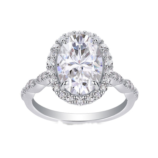 Oval Moissanite Halo Ring with Twisted Pave Band in 925 Silver