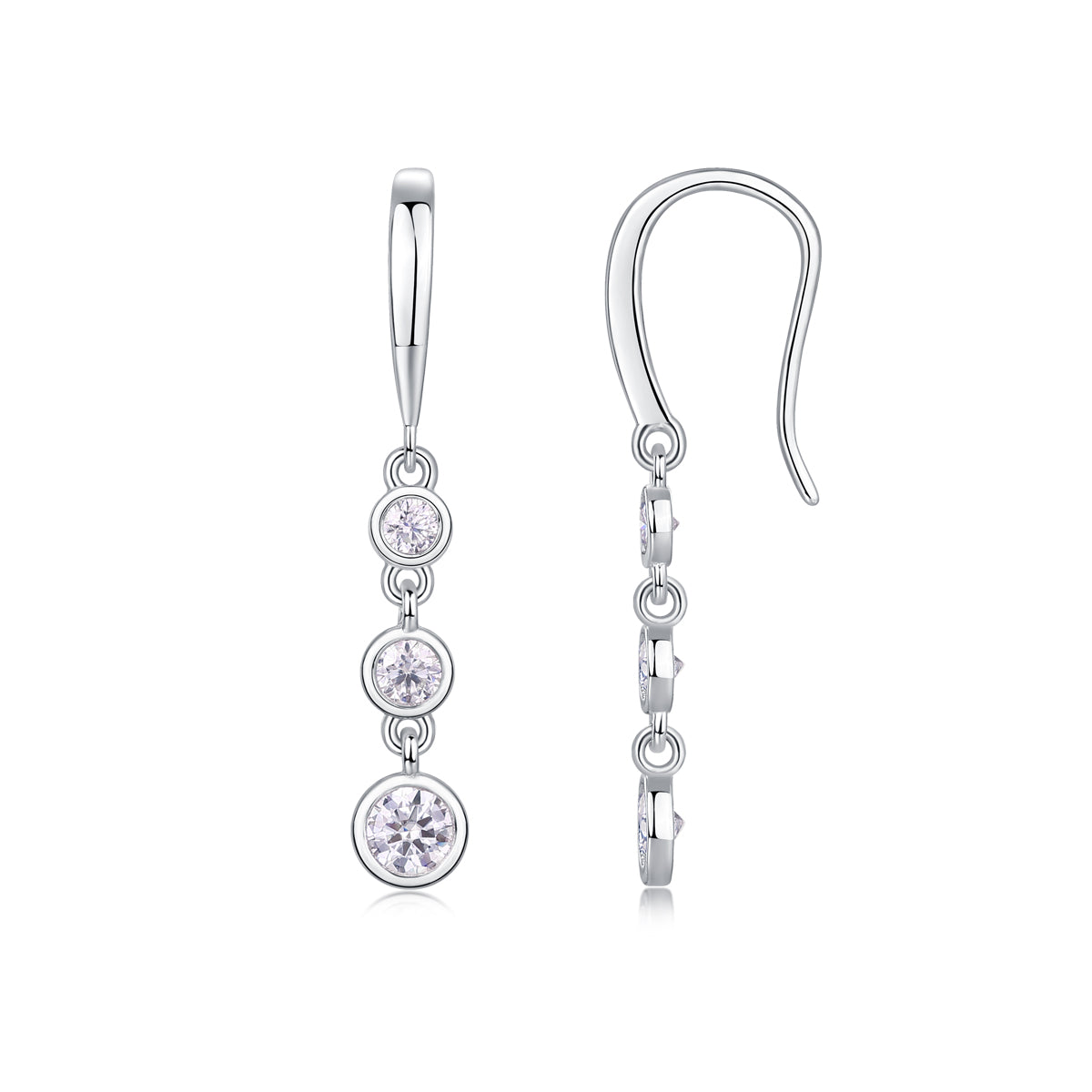 Round Moissanite Triple Bezel Drop Earrings in 925 Sterling Silver