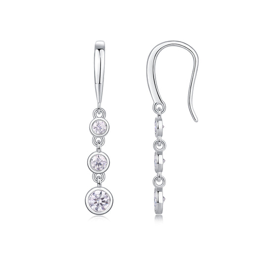 Round Moissanite Triple Bezel Drop Earrings in 925 Sterling Silver