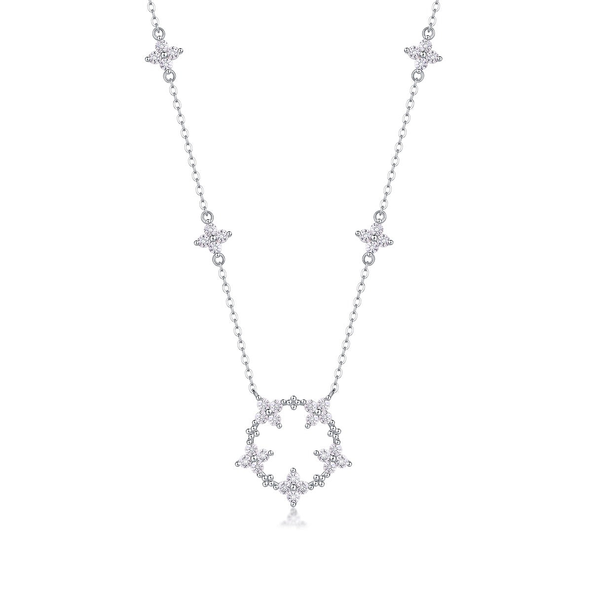 Moissanite Flower Station Necklace with Open Circle Pendant in 925 Silver