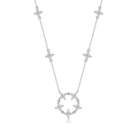 Moissanite Flower Station Necklace with Open Circle Pendant in 925 Silver