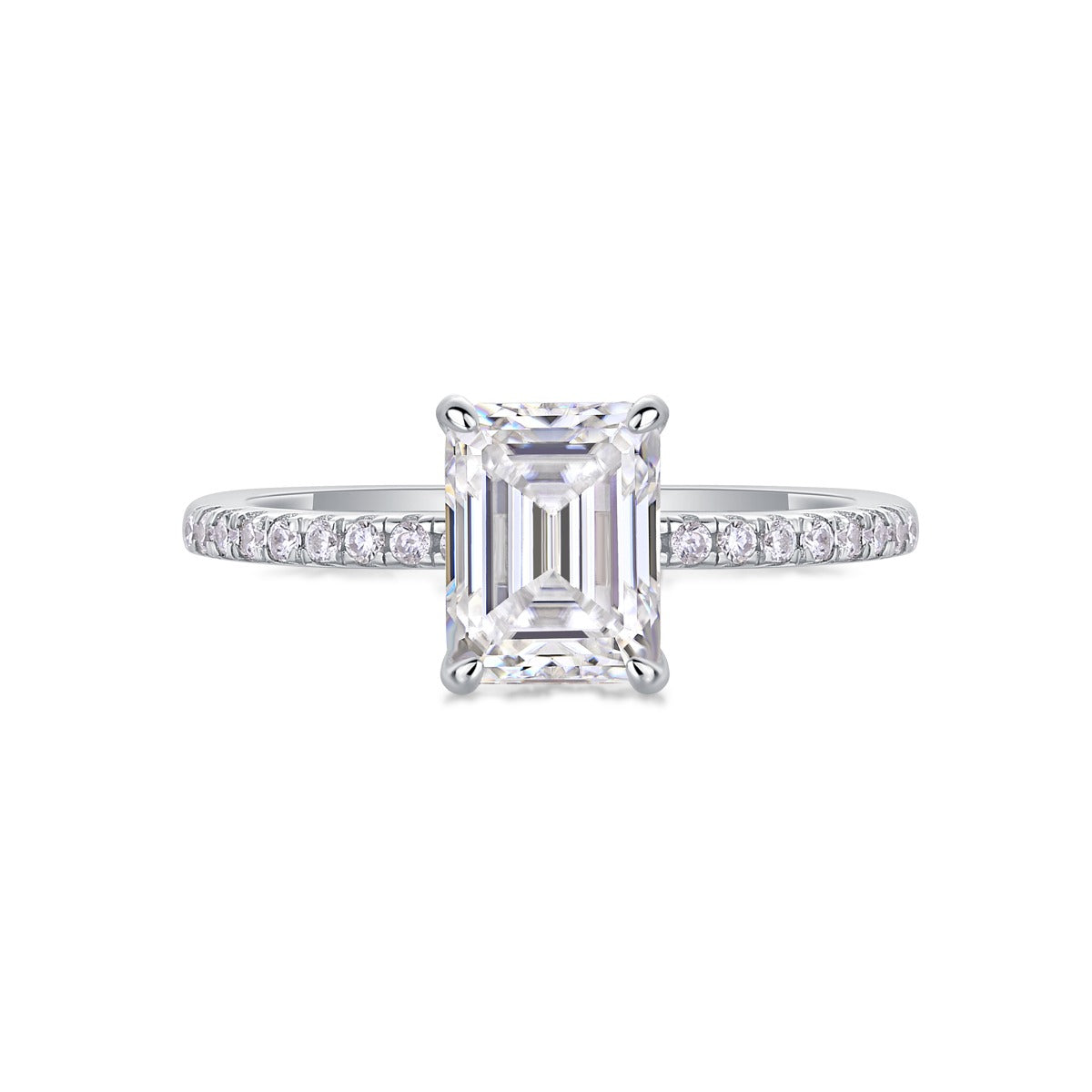 Emerald-Cut Moissanite Solitaire Ring with Pave Band in 925 Silver