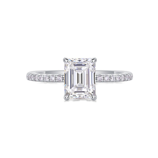 Emerald-Cut Moissanite Solitaire Ring with Pave Band in 925 Silver