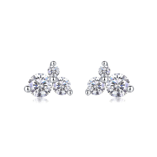 Round Moissanite Three-Stone Cluster Stud Earrings in 925 Silver