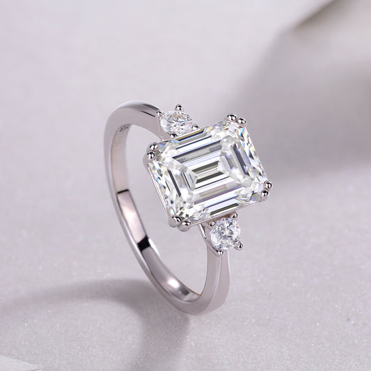 Emerald-Cut Moissanite Three-Stone Ring in 925 Sterling Silver