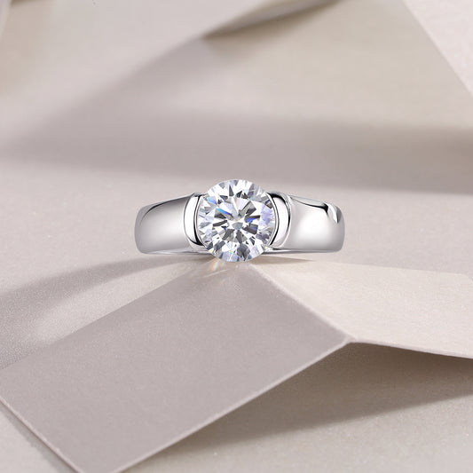 Round Moissanite Half-Bezel Solitaire Ring with Wide Band in 925 Silver