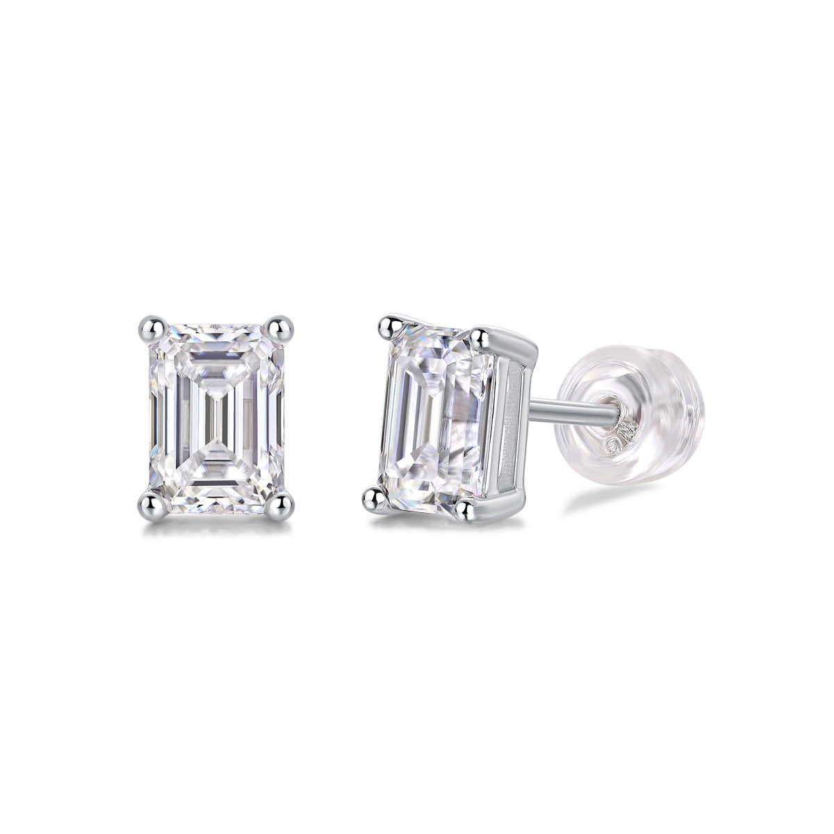 Emerald-Cut Moissanite Four-Prong Stud Earrings in 925 Sterling Silver